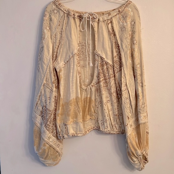 Free people Boom Boom Patchwork Embroidery Blouse Shirt Boho Neutral Open Back - Picture 11 of 13